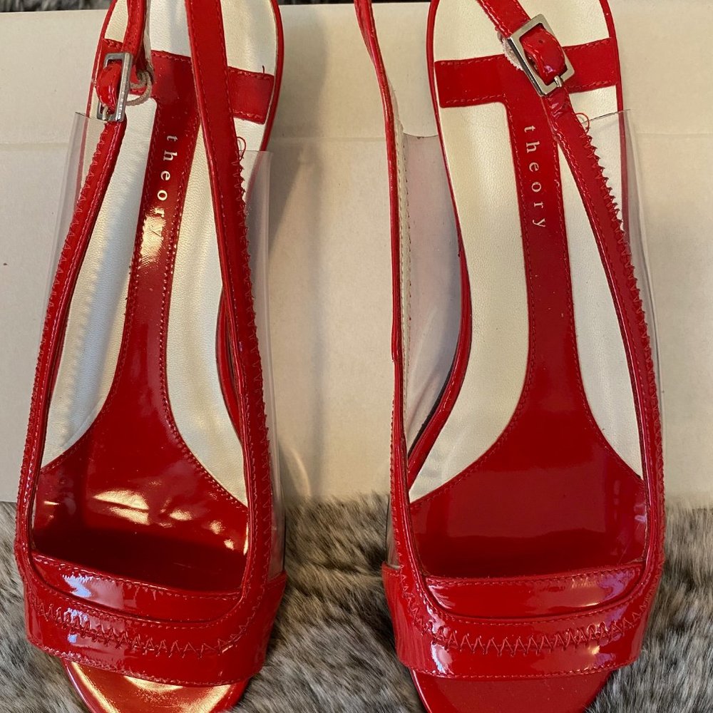 Theory Red Linda Patent Leather Vinyl Flat Sandals